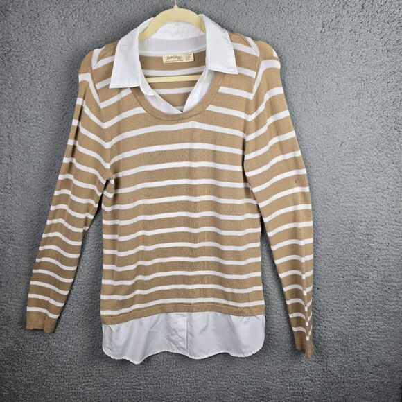 Faded Glory Shirt Sweater Tunic Top L Taupe White Striped Collared Preppy Modern - Picture 13 of 15